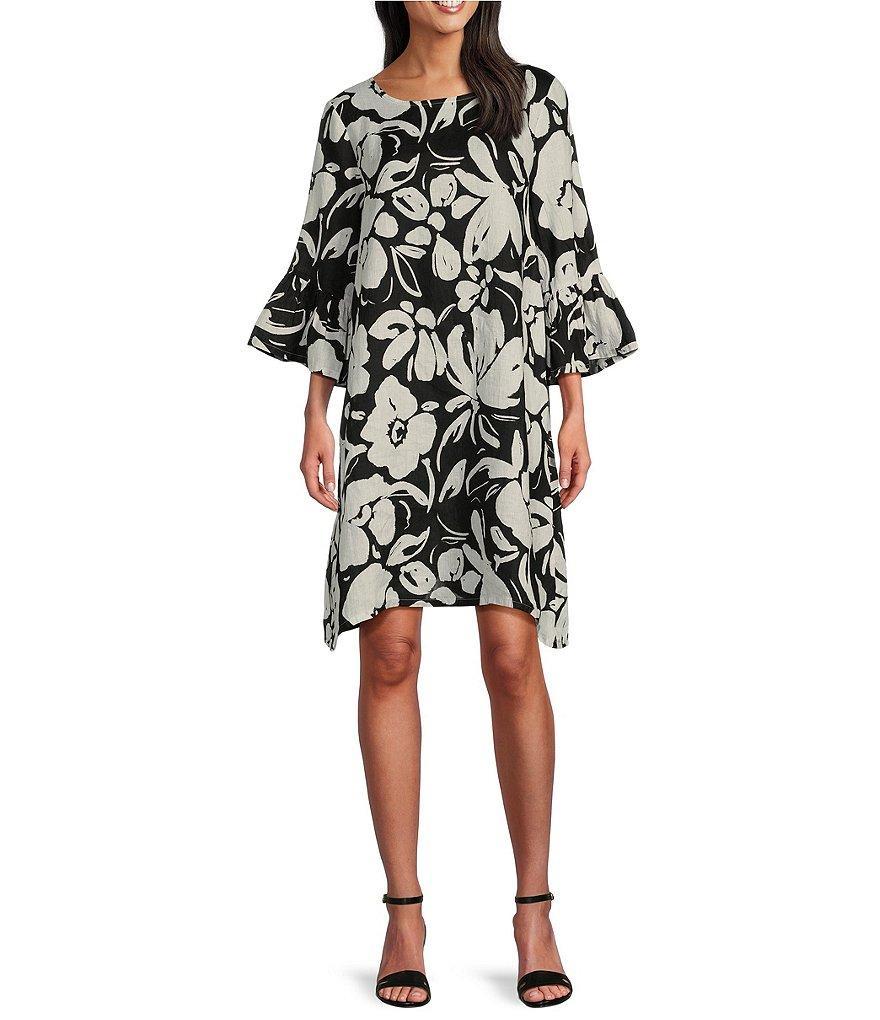 Bryn Walker Phryne Light Linen Floral Crew Neck 3/4 Ruffled Bell Sleeve Waistless Shift Dress product image