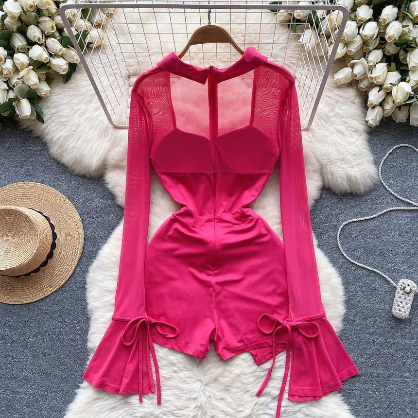 Long-Sleeve Collared Plain Mesh Panel Romper Product Image