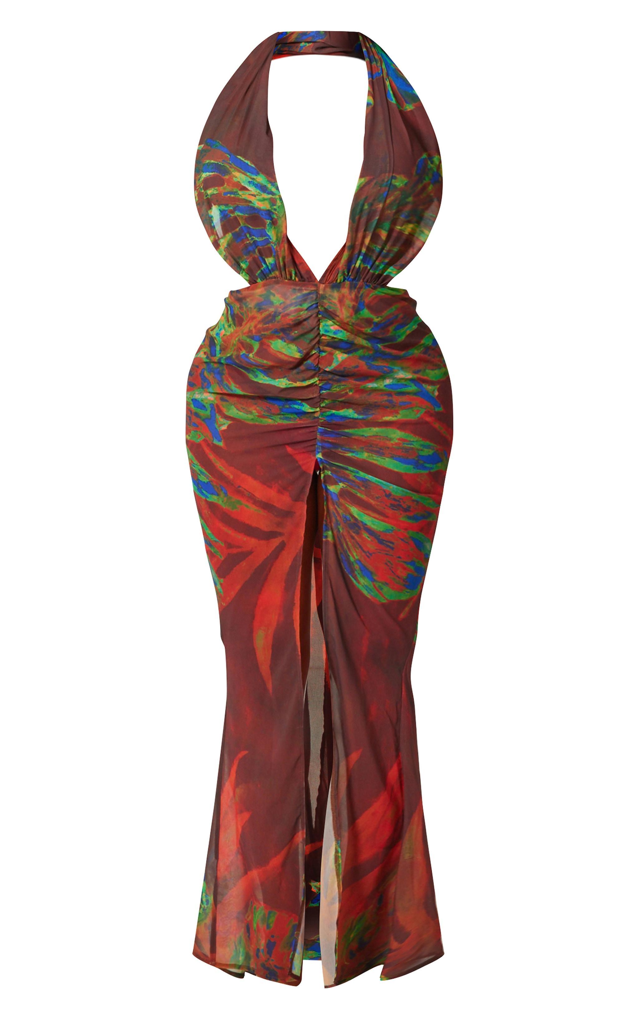 Shape Red Abstract Printed Chiffon Drape Front Maxi Dress Product Image