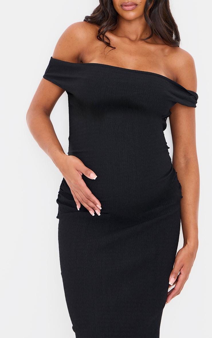 Maternity Black Midi Textured Bardot Sleeveless Bodycon Dress Product Image