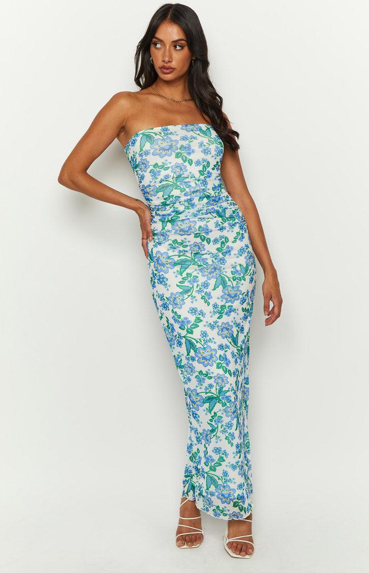 Imogen Blue Floral Strapless Maxi Dress Product Image