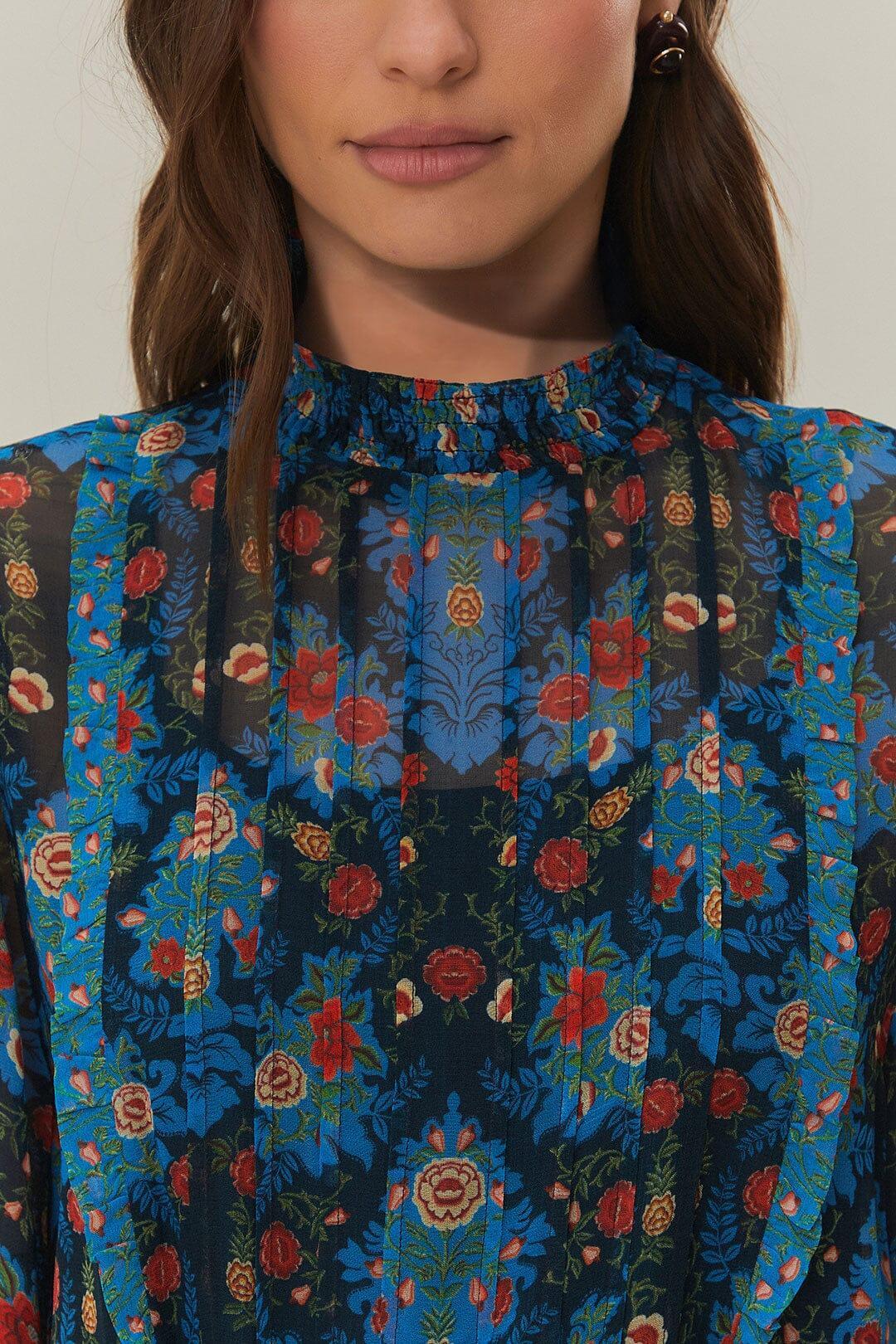 Blue Arabesque Floral High Neck Mini Dress Product Image