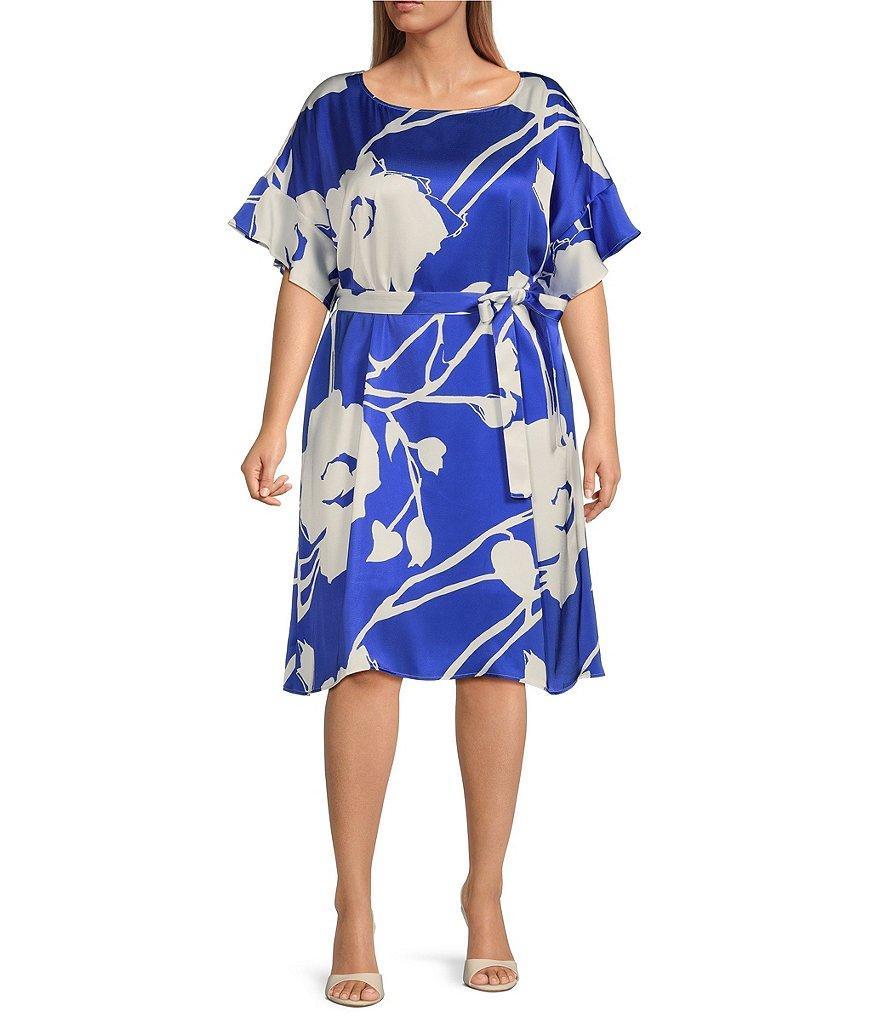 Ming Wang Plus Size Crepe de Chine Boat Neck Short Ruffle Sleeve Belted Shift Dress Product Image