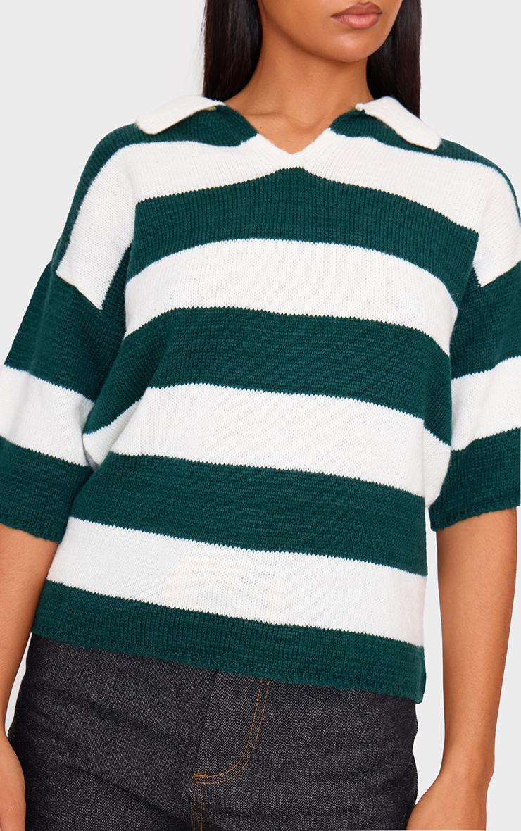 Green And White Stripe Knit V Neck Oversized Rugby Top Product Image