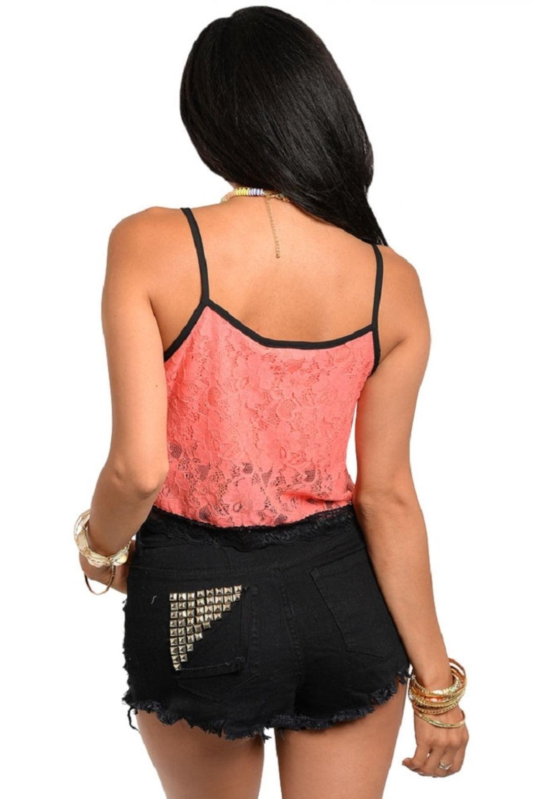 Coral & Black Lace Crop Top Female Product Image