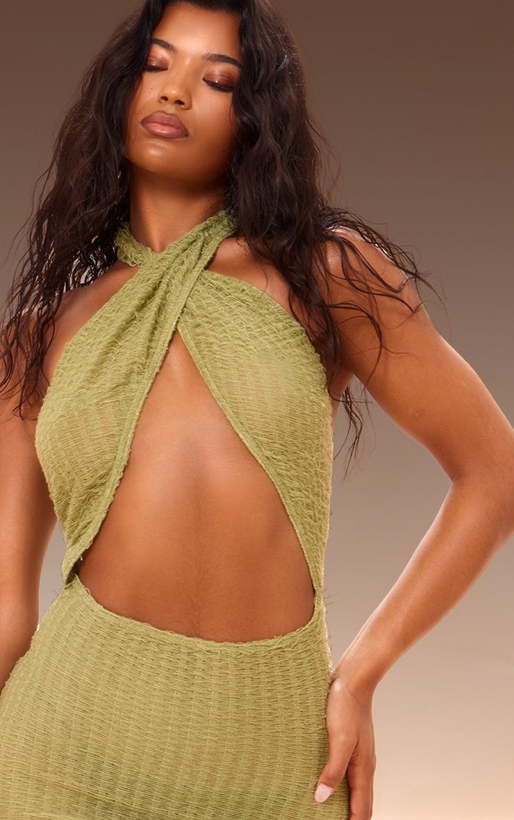 Khaki Textured Knit Cross Front Halterneck Mini Dress Product Image