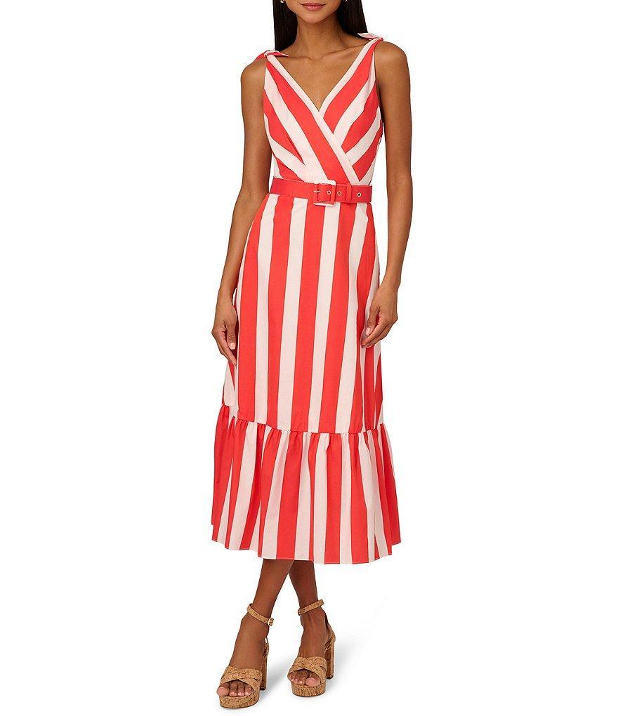 Adrianna by Adrianna Papell Stripe Print Surplice V-Neck Sleeveless Tie Shoulder Belted Ruffle Hem Midi Dress Product Image