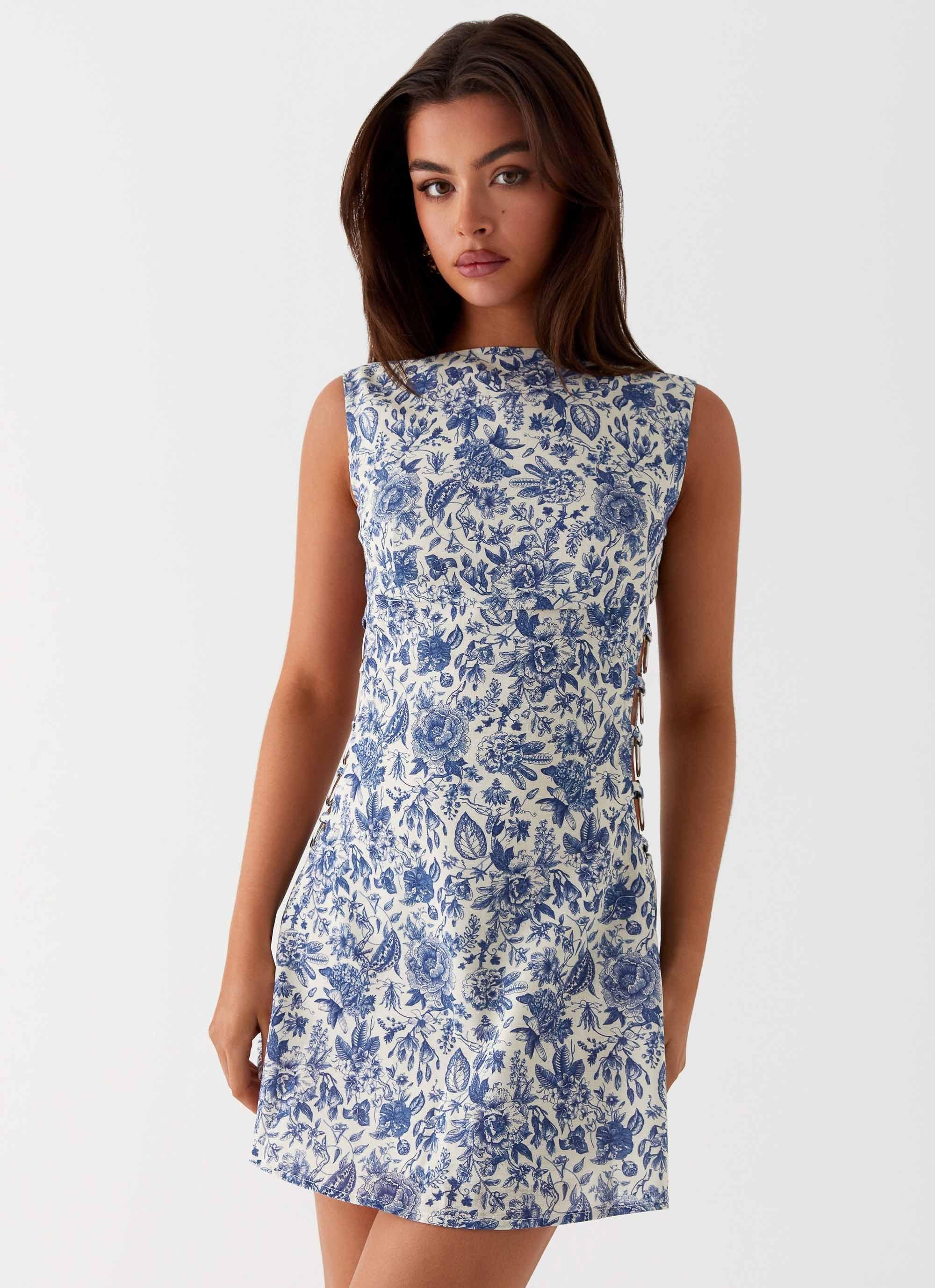 Indigo Bloom Linen Mini Dress - Blue Paisley Product Image