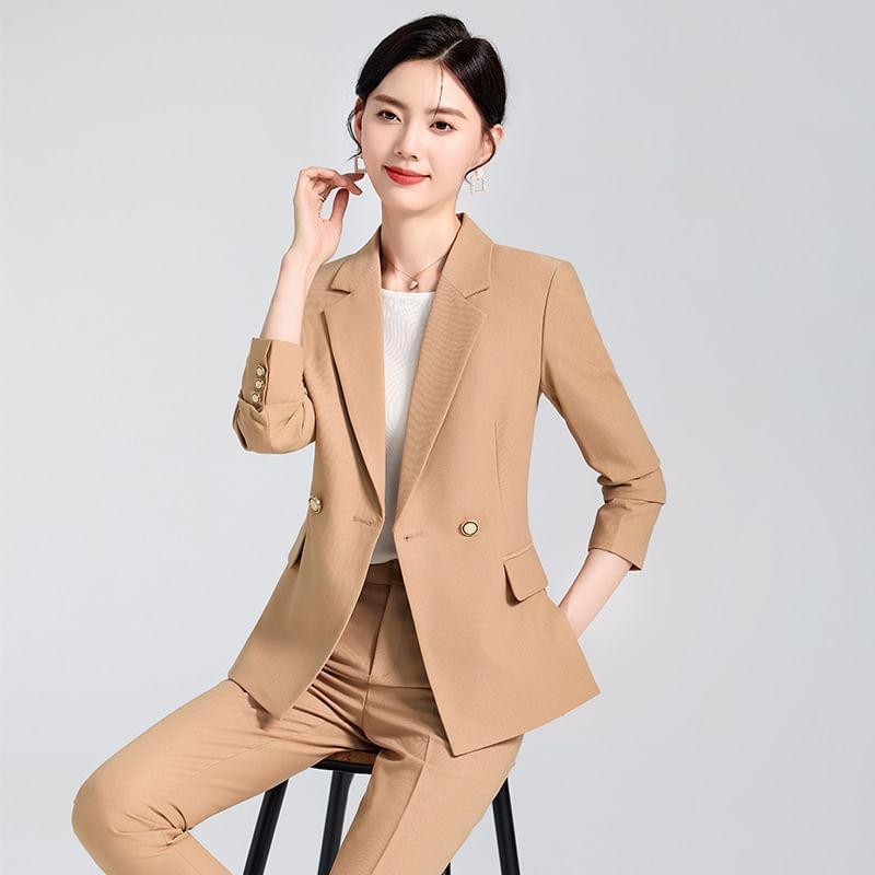 Lapel Collar Plain Double Breasted Blazer / Mid Rise Plain Slacks Product Image