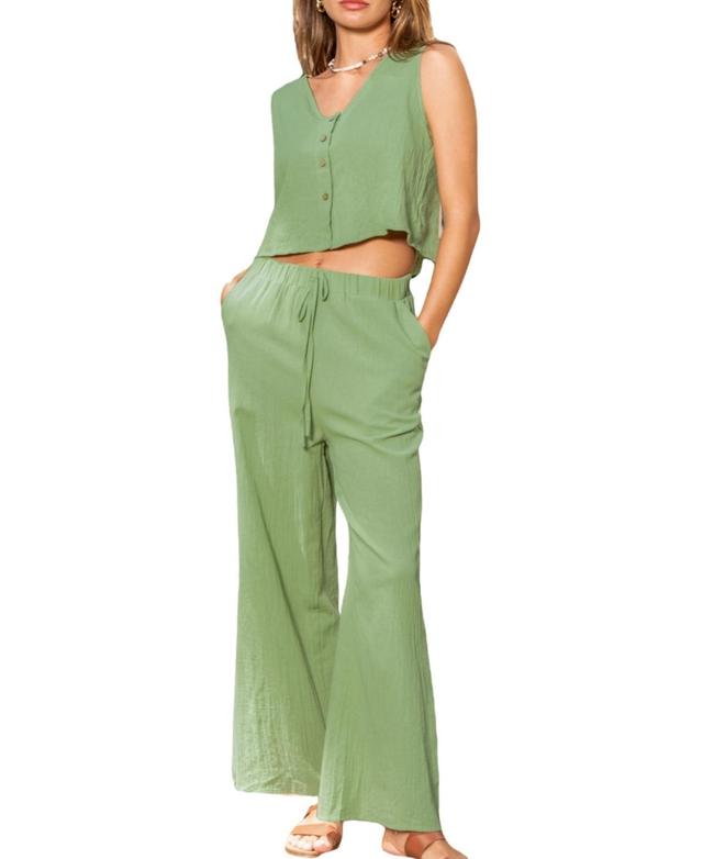 Cupshe Womens Green Front Button Tank & Straight Leg Pants Set Product Image