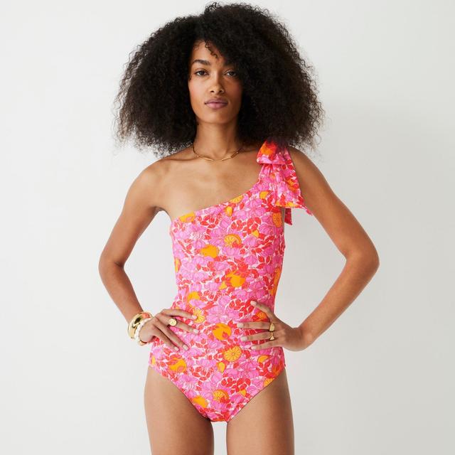 Bow one-shoulder one-piece swimsuit in pink limone print Product Image