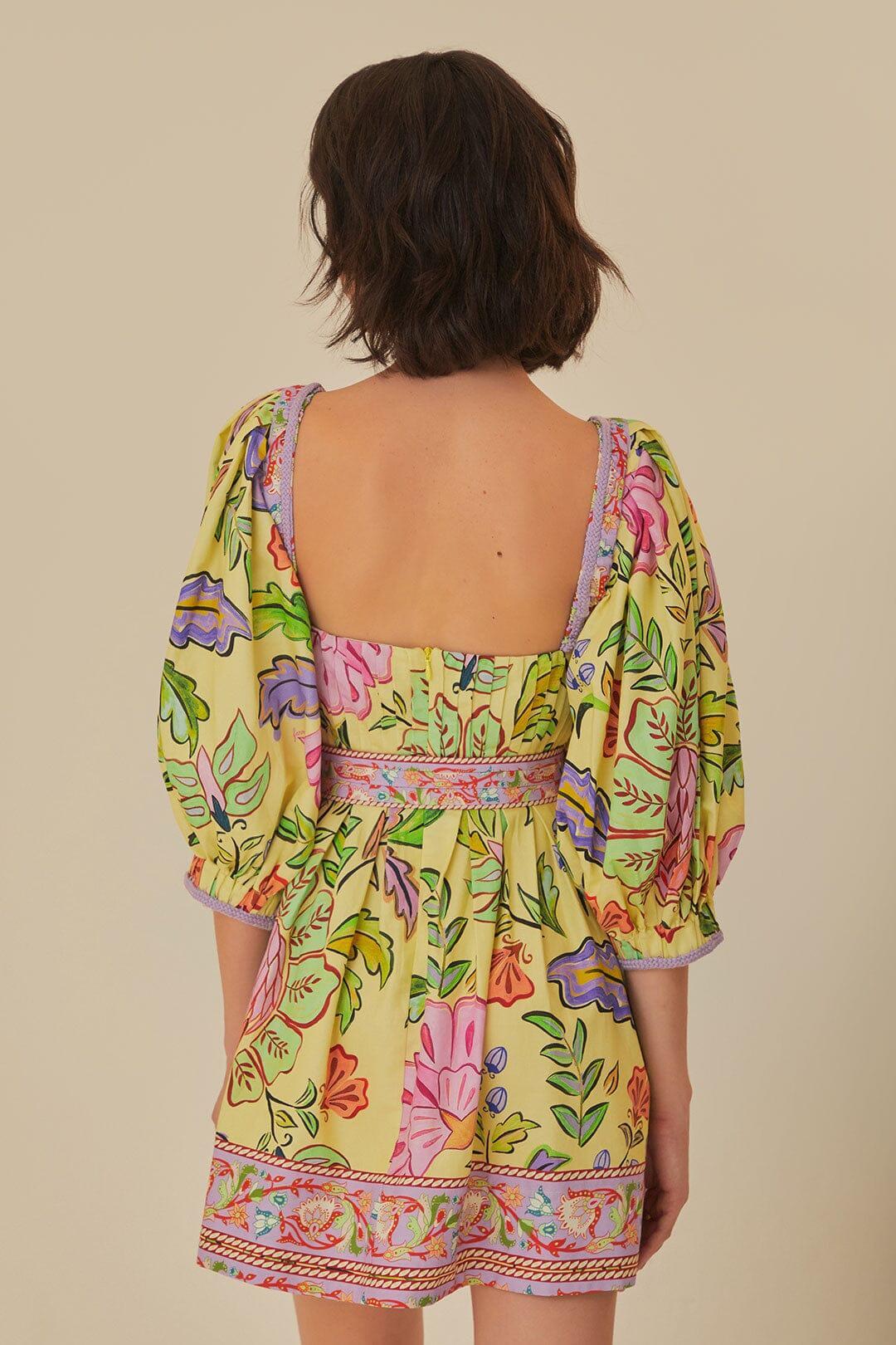 Yellow Floral Insects Short Sleeves Mini Dress Product Image