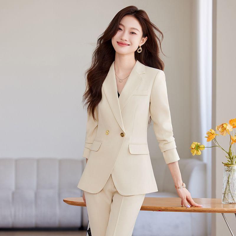 Notch Lapel Plain Double-Breasted Blazer / High Waist Straight Leg Dress Pants / Set Product Image