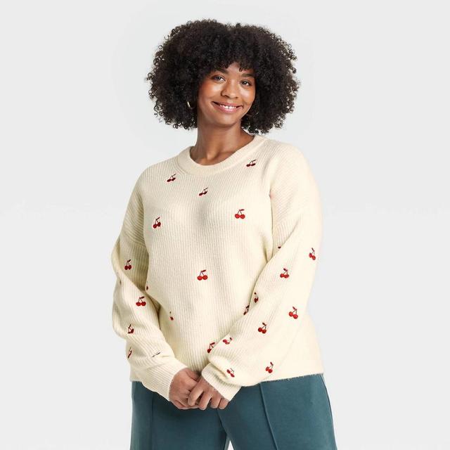 Womens Crewneck Cozy Knit Pullover Sweater - A New Day Cream Cherries 2X Product Image