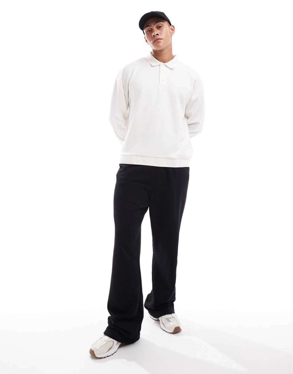 ASOS DESIGN oversized boxy long sleeve polo with flat knit cuff and hem in cream Product Image