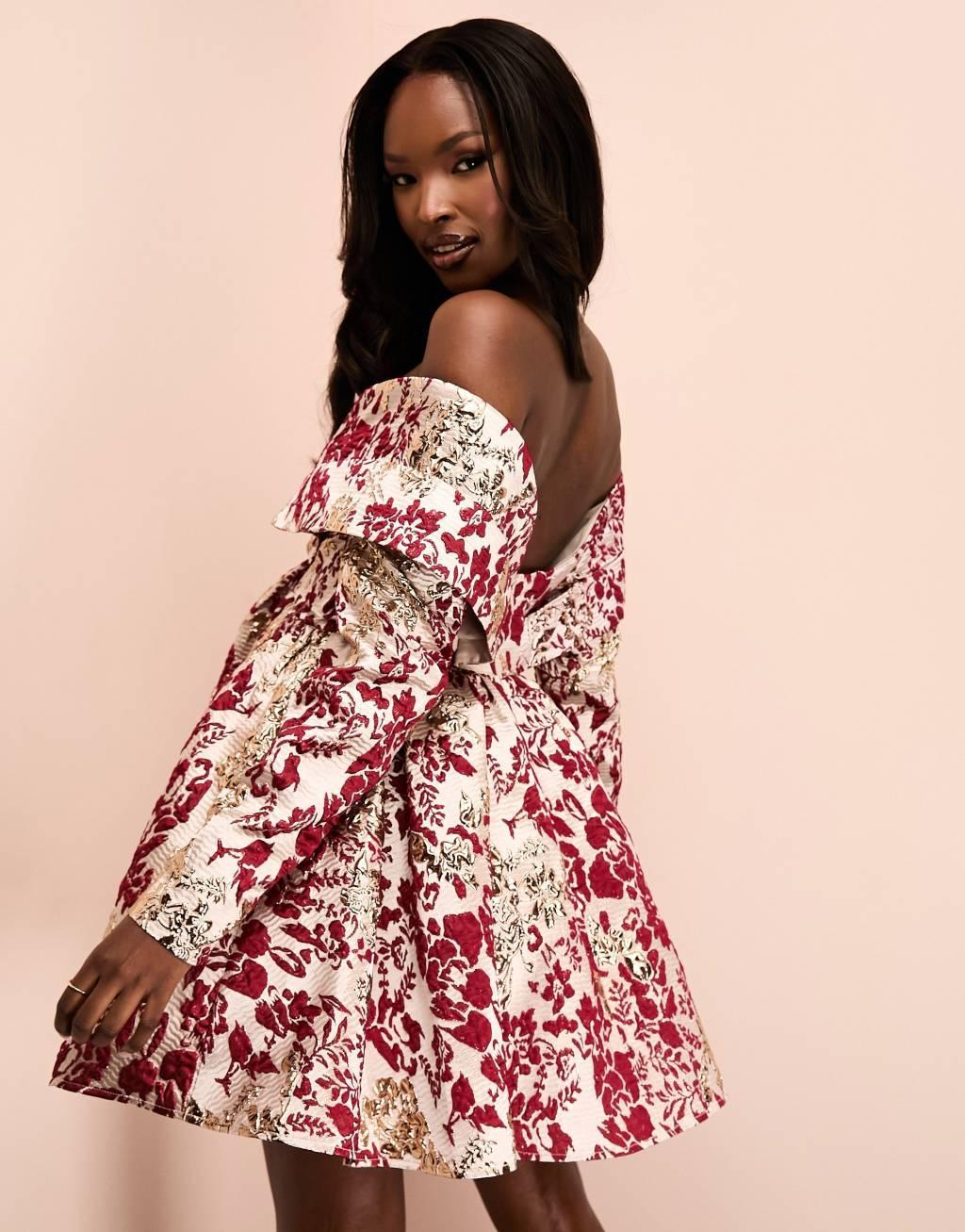 ASOS LUXE jacquard off-shoulder mini skater dress in burgundy & gold floral print  product image