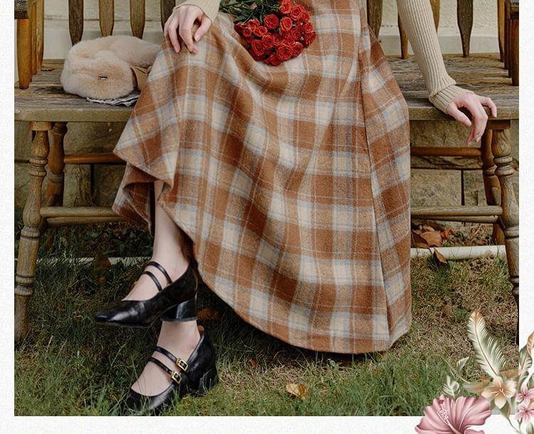 Set: Long-Sleeve Button-Up Plain Knit Top + High Rise Plaid Maxi A-Line Skirt Product Image