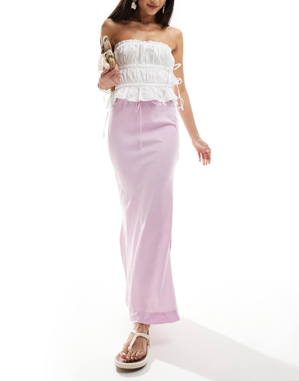 Bershka tie waist linen mix maxi skirt in pink product image