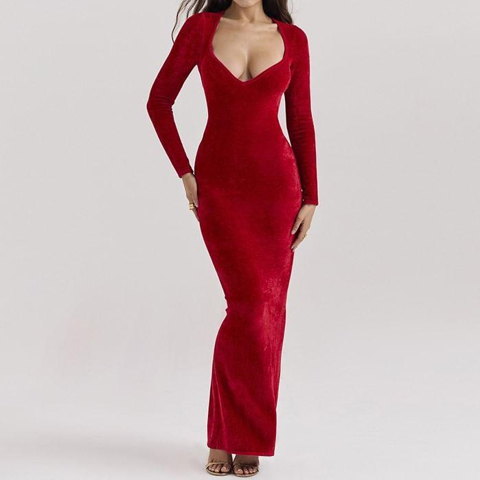 Long-Sleeve Sweetheart-Neckline Midi Velvet Bodycon Dress Product Image