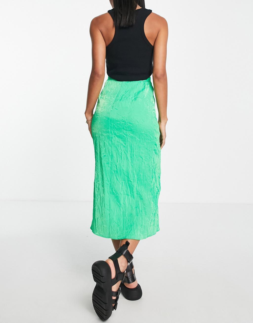 Topshop premium crinkle satin midi skirt in emerald - part of a set Product Image