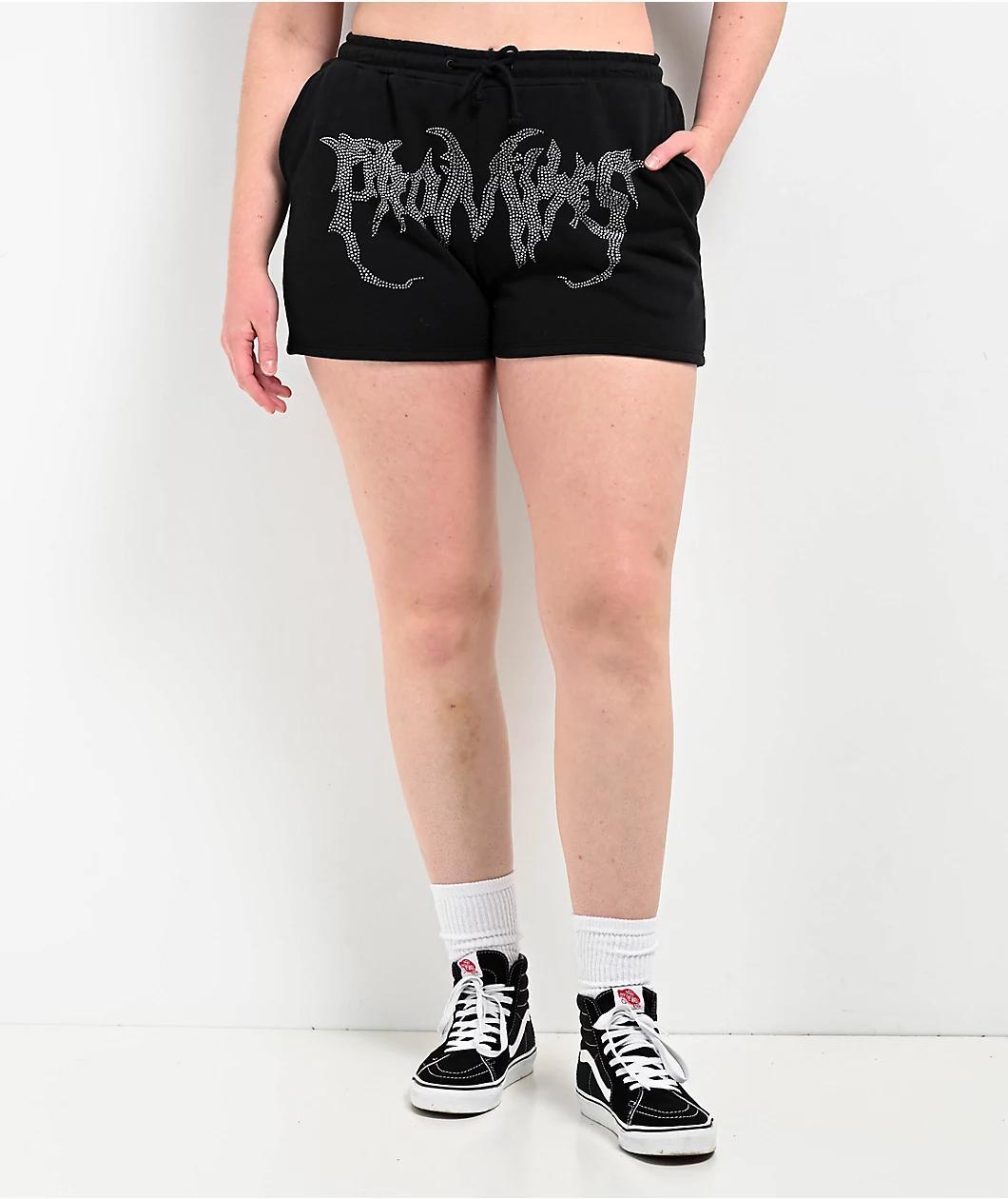 Broken Promises Graveyard Black Rhinestone Sweat Shorts Product Image