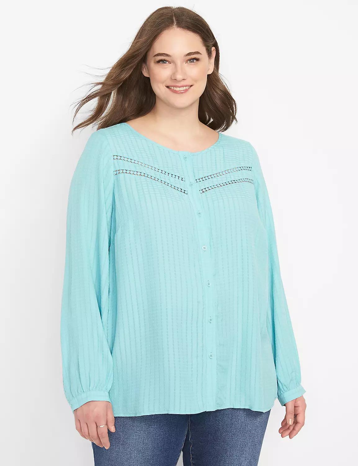 No-Peek Crew-Neck Button-Front Blouse Product Image