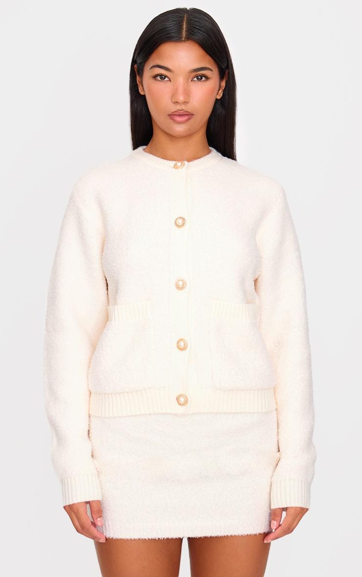 Cream Fluffy Boucle Knit Button Up Cardigan Product Image