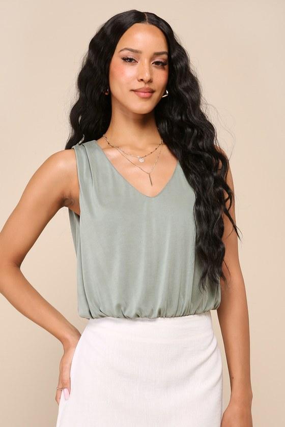 Chic on Repeat Olive Green V-Neck Sleeveless Bodysuit Product Image