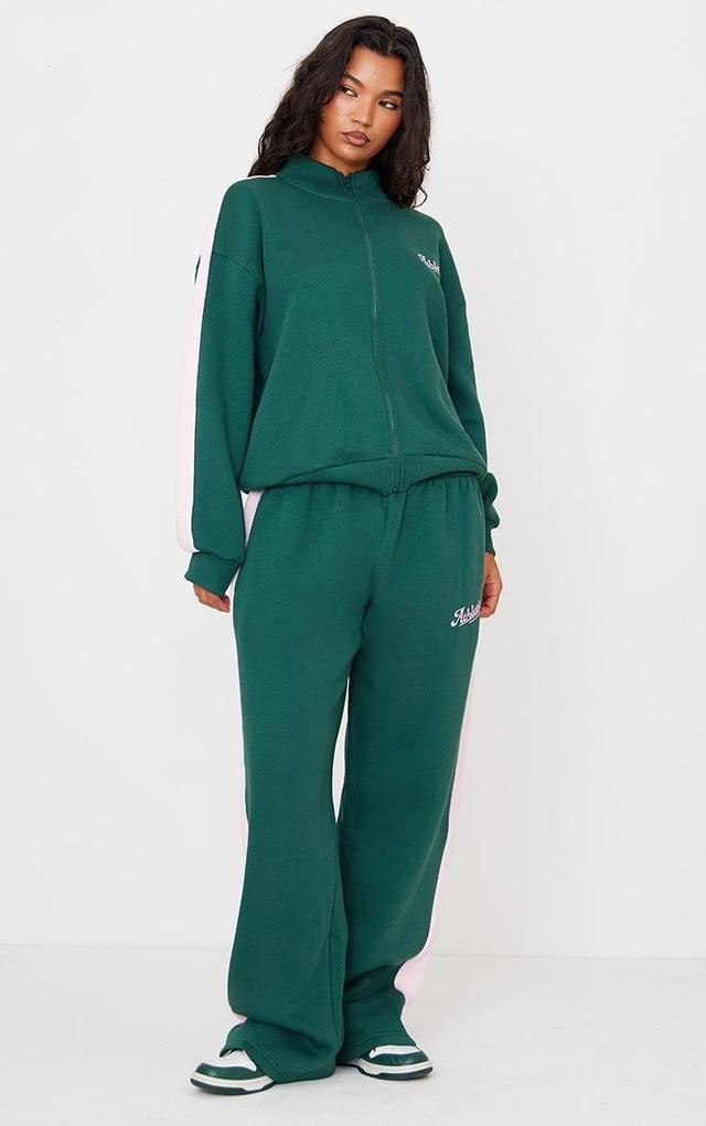 Dark Green Embroidered Athletics Contrast Panel Wide Leg Sweatpants Product Image