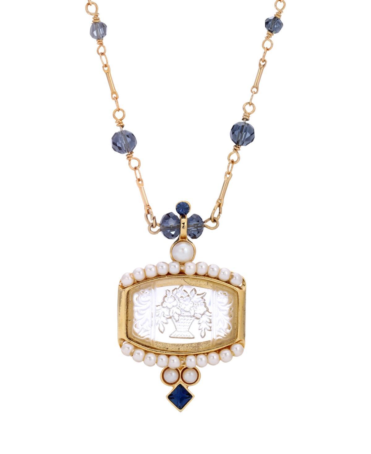 1928 Gold Tone Blue Etched Glass Intaglio Necklace, Womens Product Image