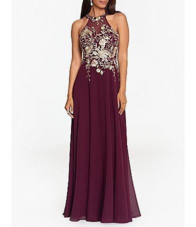 Betsy  Adam Halter Neck Floral Embroidered Sleeveless Chiffon Gown Product Image