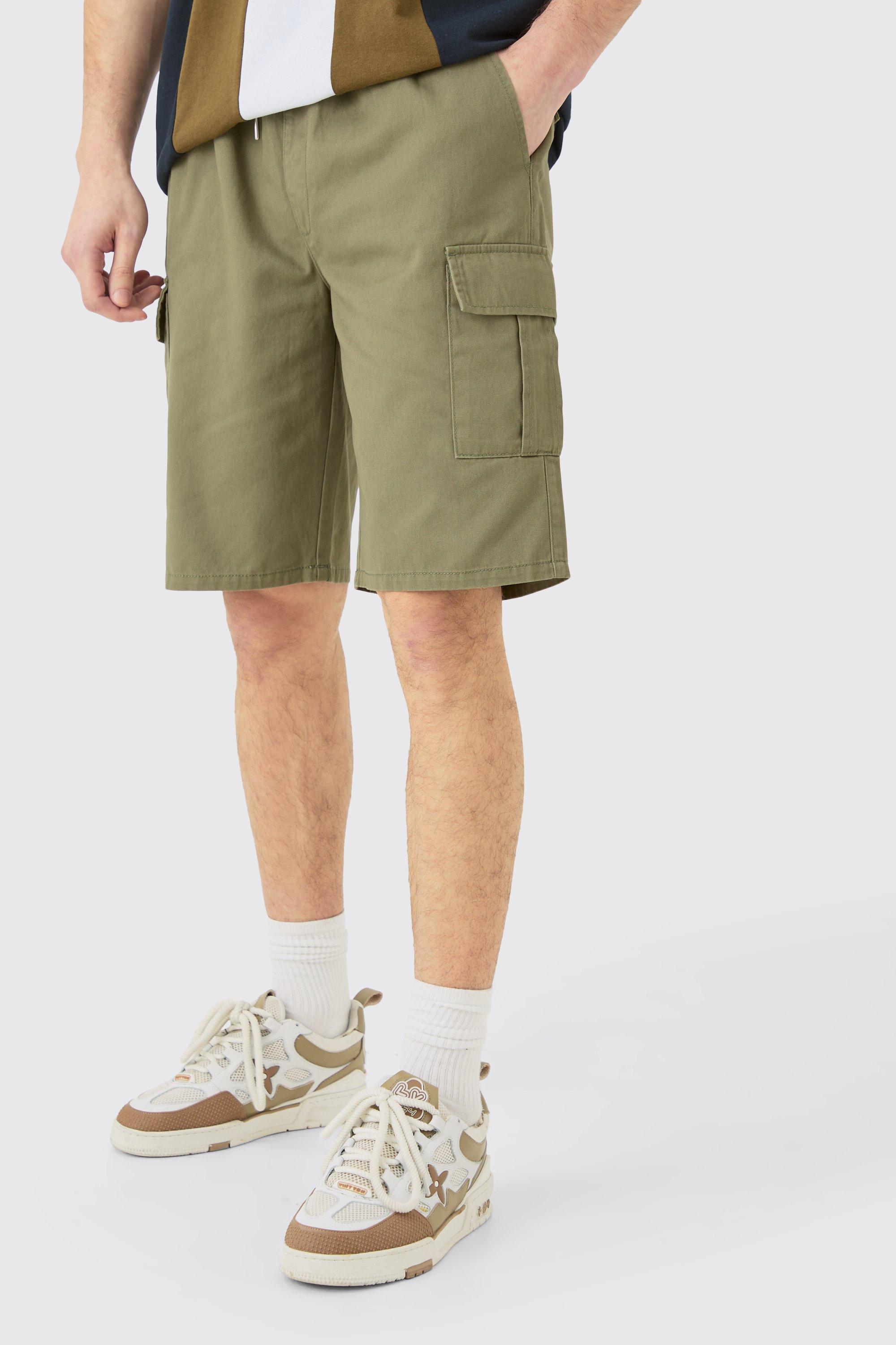 Tall Elastic Waist Relaxed Fit Cargo Shorts In Khaki | boohooMAN USA Product Image