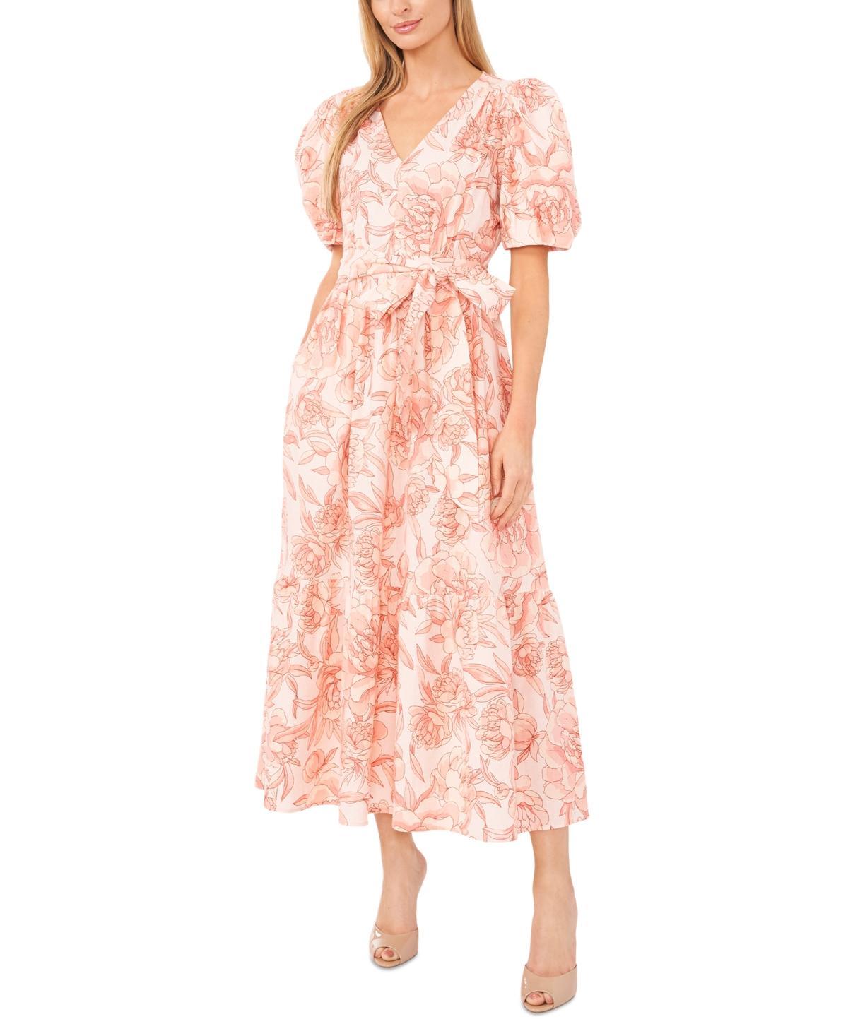 CeCe Womens Floral Puff-Sleeve Tie-Front Maxi Dress Product Image