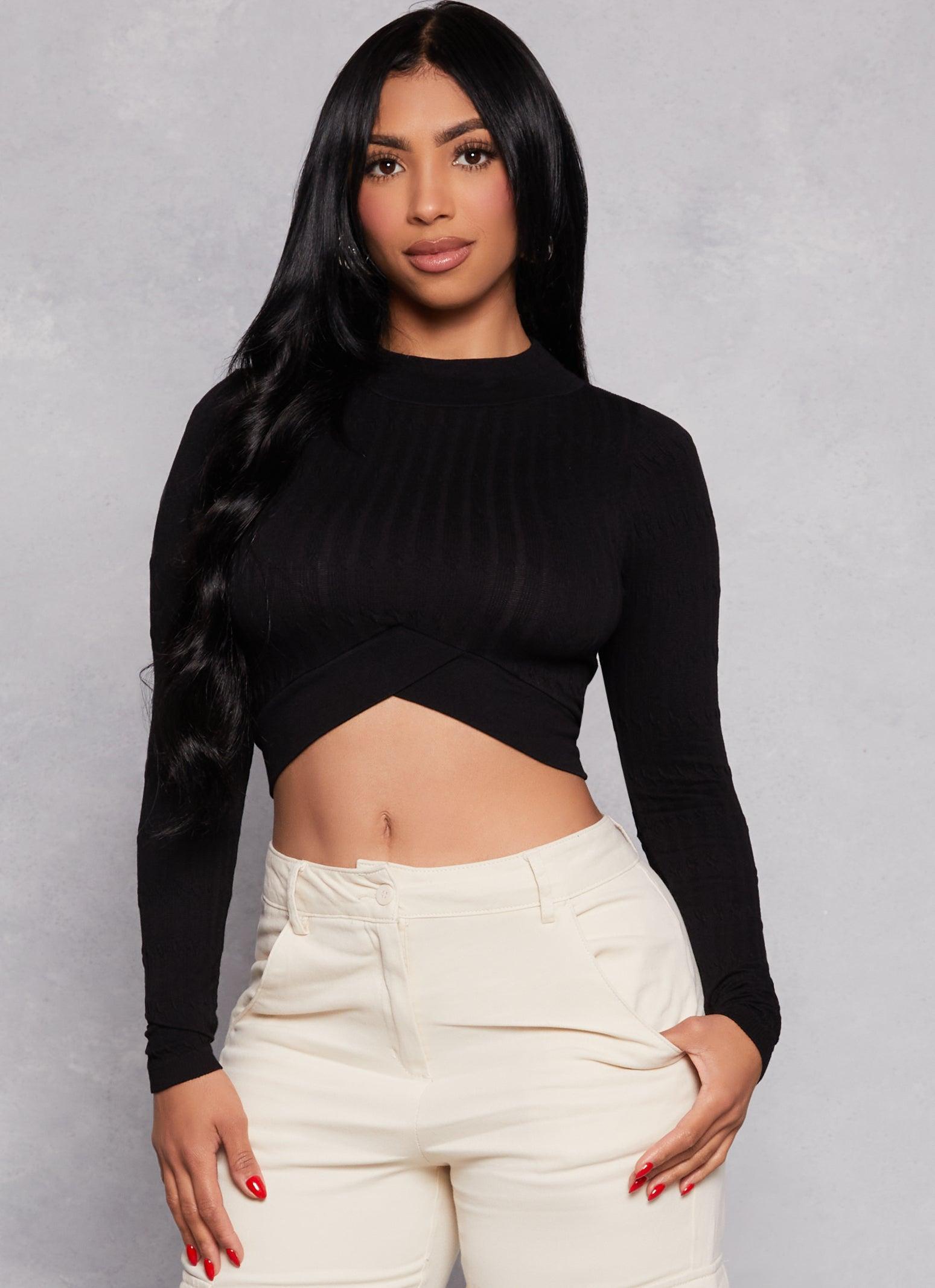 Womens Seamless Cable Knit Mock Neck Crop Top Product Image