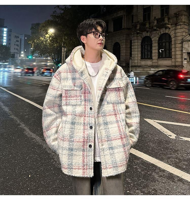 Hooded Drop Shoulder Plaid Button Down Oversized Coat Product Image