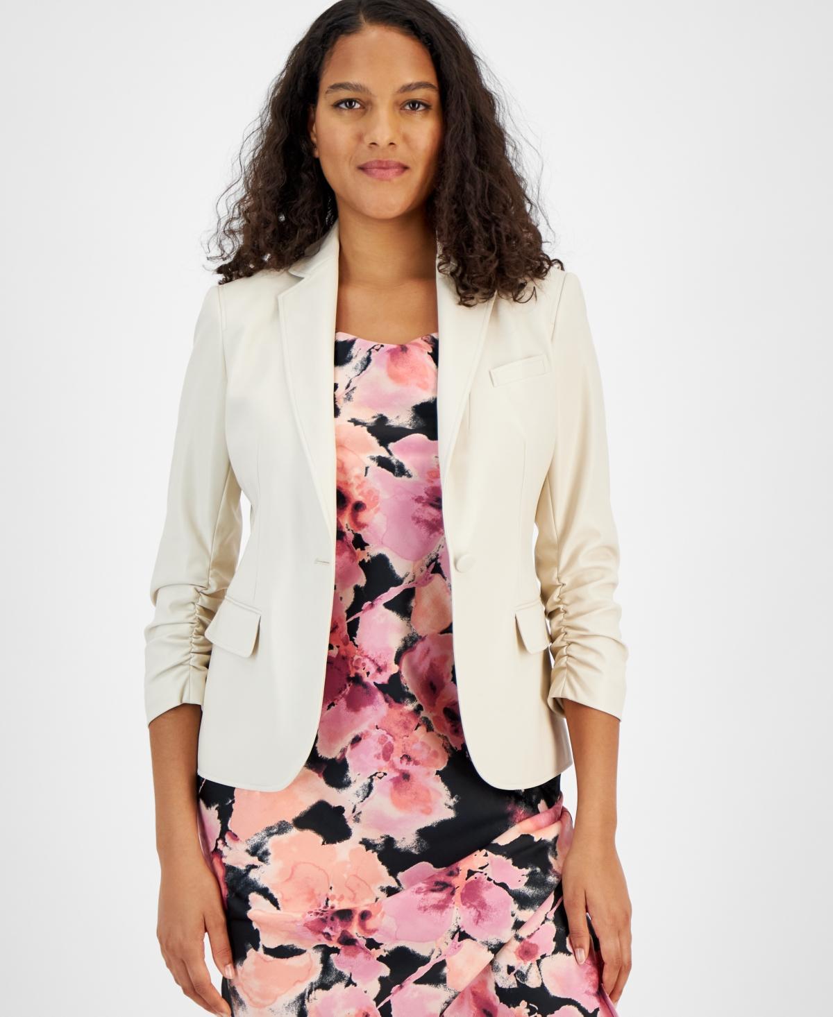 Bar Iii Womens 3/4-Sleeve One-Button Faux-Leather Blazer, Created for Macys Product Image