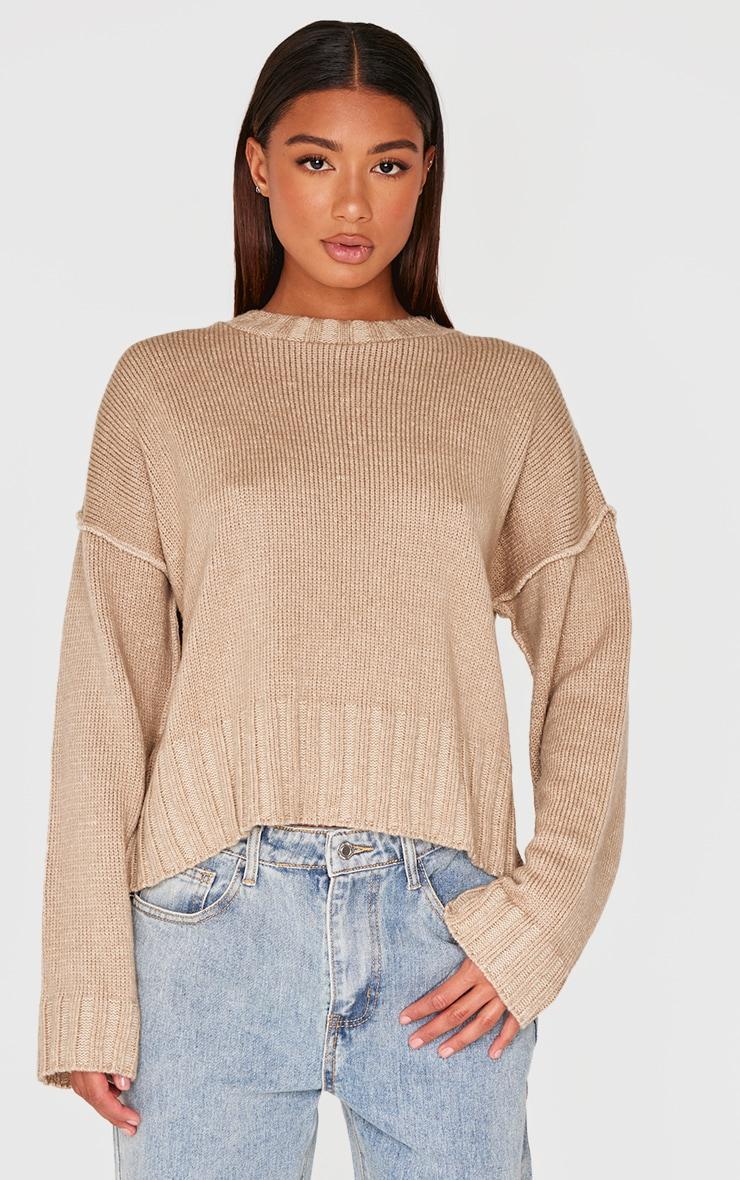 Taupe Exposed Seam Chunky Knit Oversized Sweater Product Image