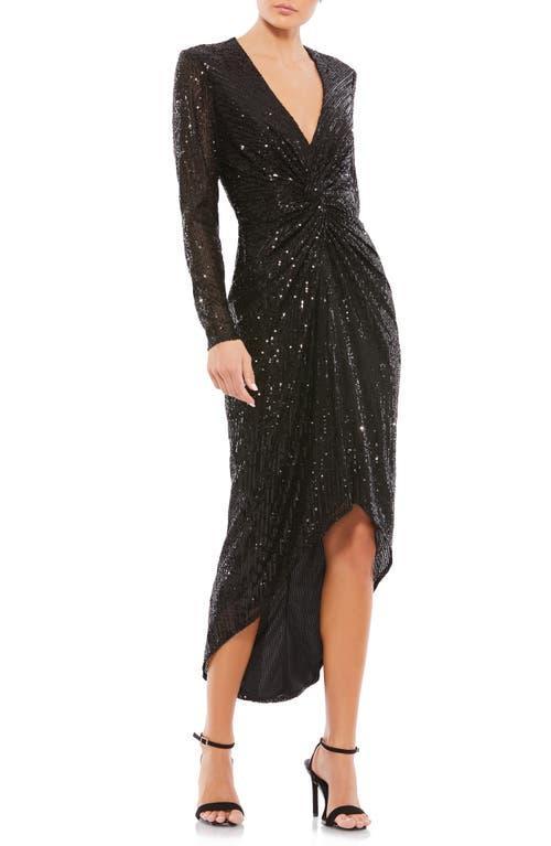 Mac Duggal Metallic Sequin Long Sleeve Faux Wrap Dress Product Image