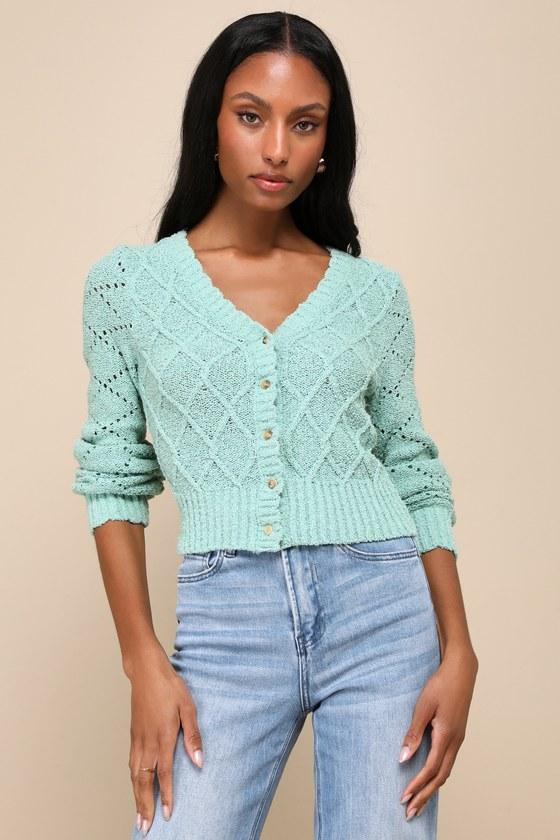 Cozy Clarity Mint Green Pointelle Knit Cropped Cardigan Sweater Product Image