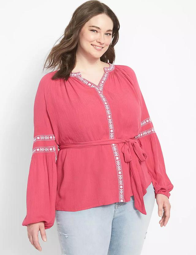 Classic Long-Sleeve Belted Peasant Blouse Product Image