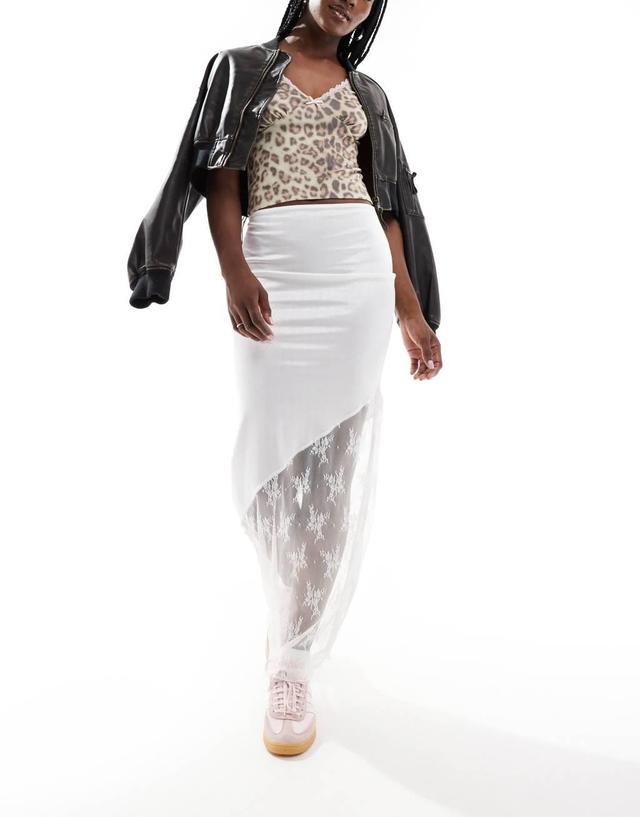 ASOS DESIGN satin maxi skirt with lace insert in ivory Product Image