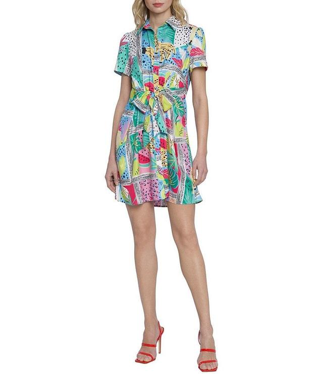 Donna Morgan Printed Twill Point Collar Short Sleeve Button Down Tie Front Mini Dress Product Image