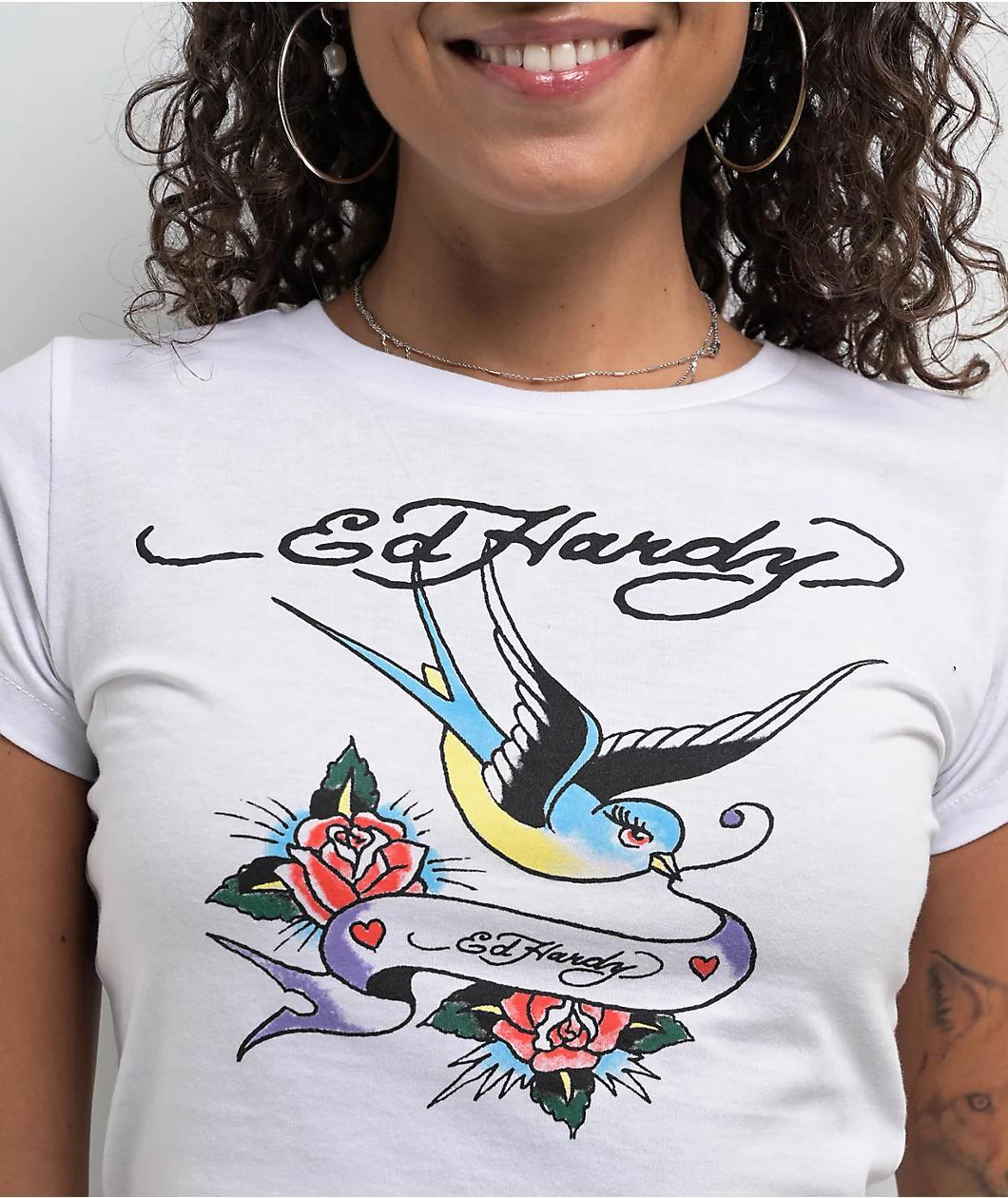 Ed Hardy Swallow Bird White Crop T-Shirt Product Image