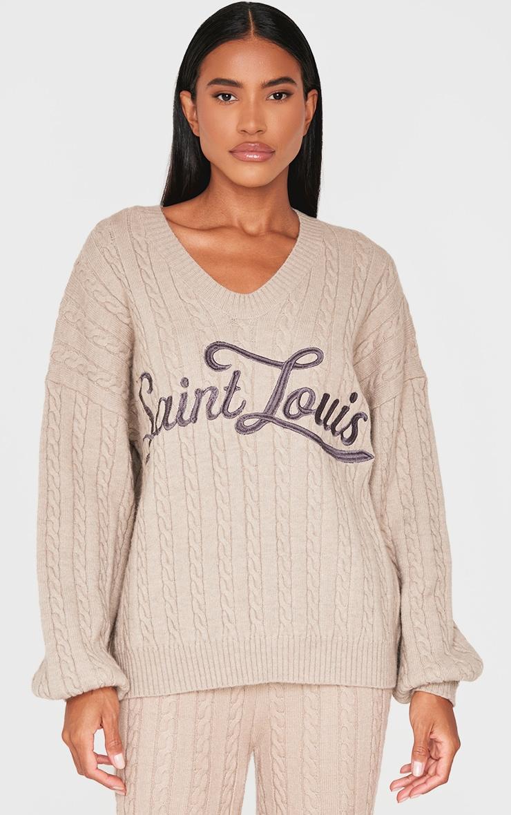 Mocha Cable Knit Embroidered V Neck Sweater Product Image