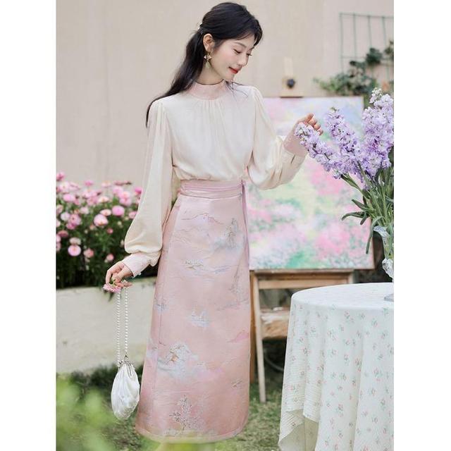 Set: Long-Sleeve Stand Collar Jacquard Blouse + High Waist Print Midi A-Line Skirt Product Image