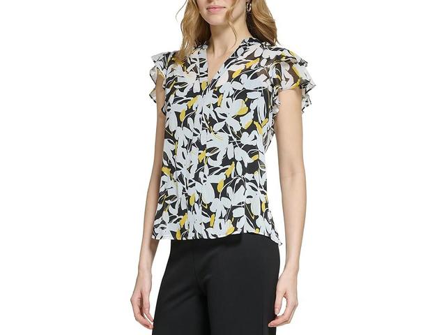 DKNY Floral Print Ruffle Sleeve Chiffon Blouse Product Image