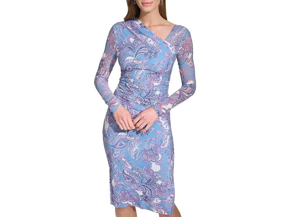 Vince Camuto Printed Mesh Bodycon Dress With Asymmetrical Neckline Women's Dress Product Image