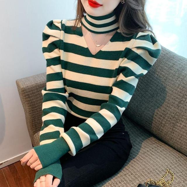 Long-Sleeve Turtleneck Striped Cutout Slim Fit Knit Top Product Image