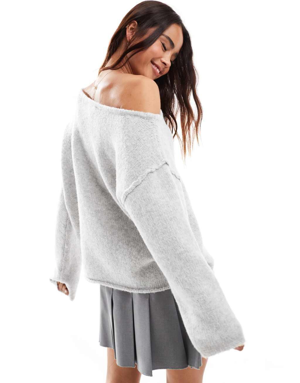 Miss Selfridge asym off the shoulder slouchy cozy knit sweater in gray heather Product Image