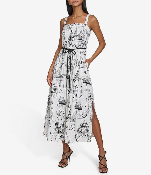 KARL LAGERFELD PARIS Printed Sateen Square Neck Sleeveless Button Front Tie Belt Dress Product Image